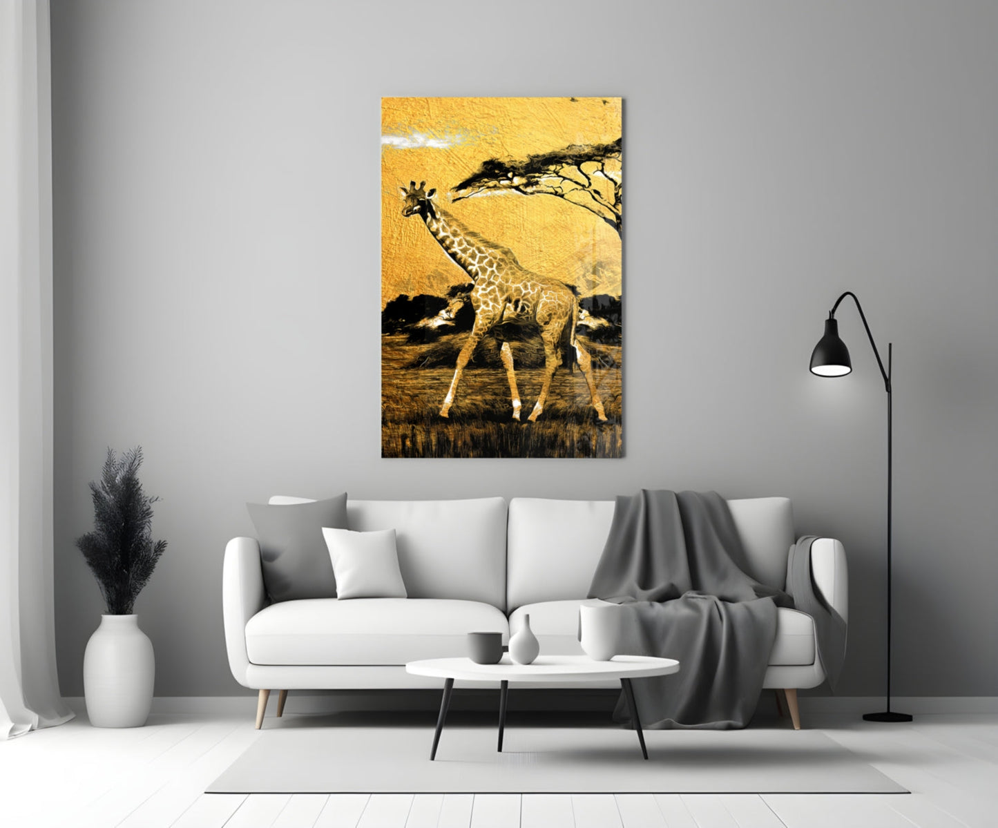 Gold Acacia Tree Giraffe Glass Wall Art