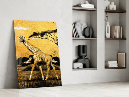 Gold Acacia Tree Giraffe Glass Wall Art