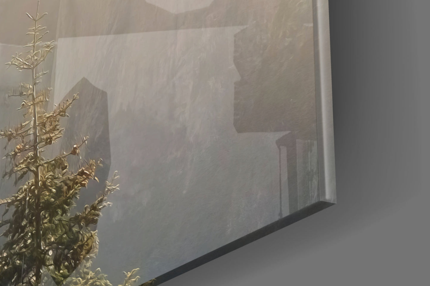 Frosted glass wall art displaying a misty architectural scene with a building silhouette, viewed through a window with dried plants in foreground.