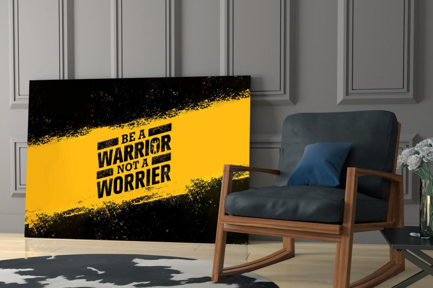Glass wall art with yellow and black diagonal design displaying "Be a Warrior Not a Worrier" text, mounted in modern living room beside wooden chair.