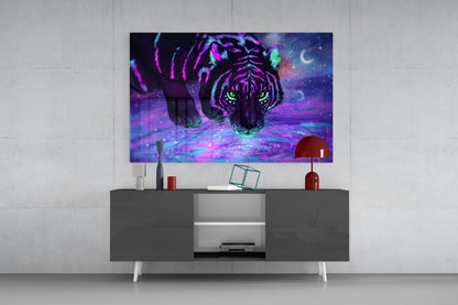 Neon Purple Cosmic Tiger Glass Wall Art