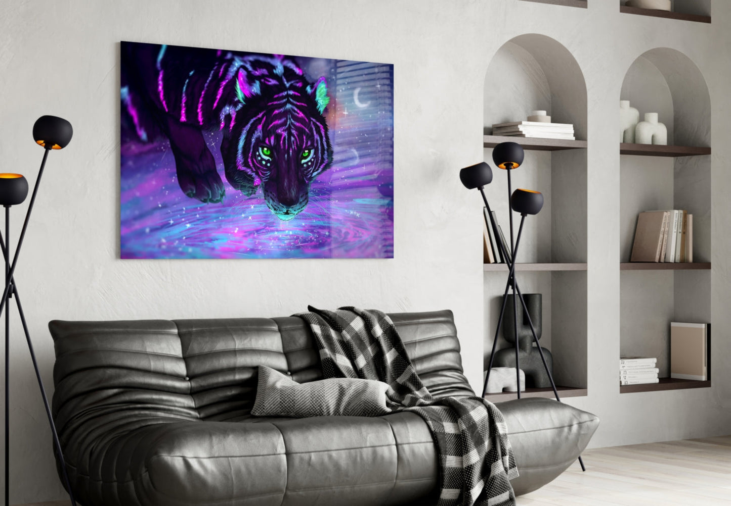Neon Purple Cosmic Tiger Glass Wall Art