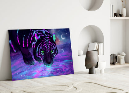 Neon Purple Cosmic Tiger Glass Wall Art