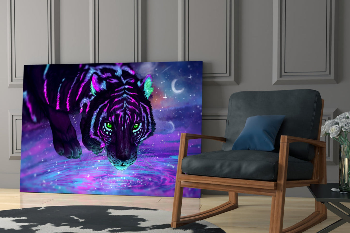 Neon Purple Cosmic Tiger Glass Wall Art