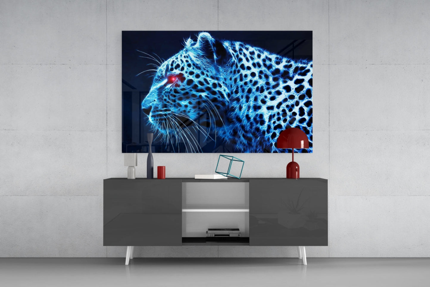 Glowing Blue Neon Leopard Glass Wall Art