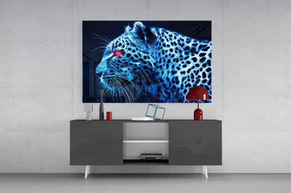 Glowing Blue Neon Leopard Glass Wall Art