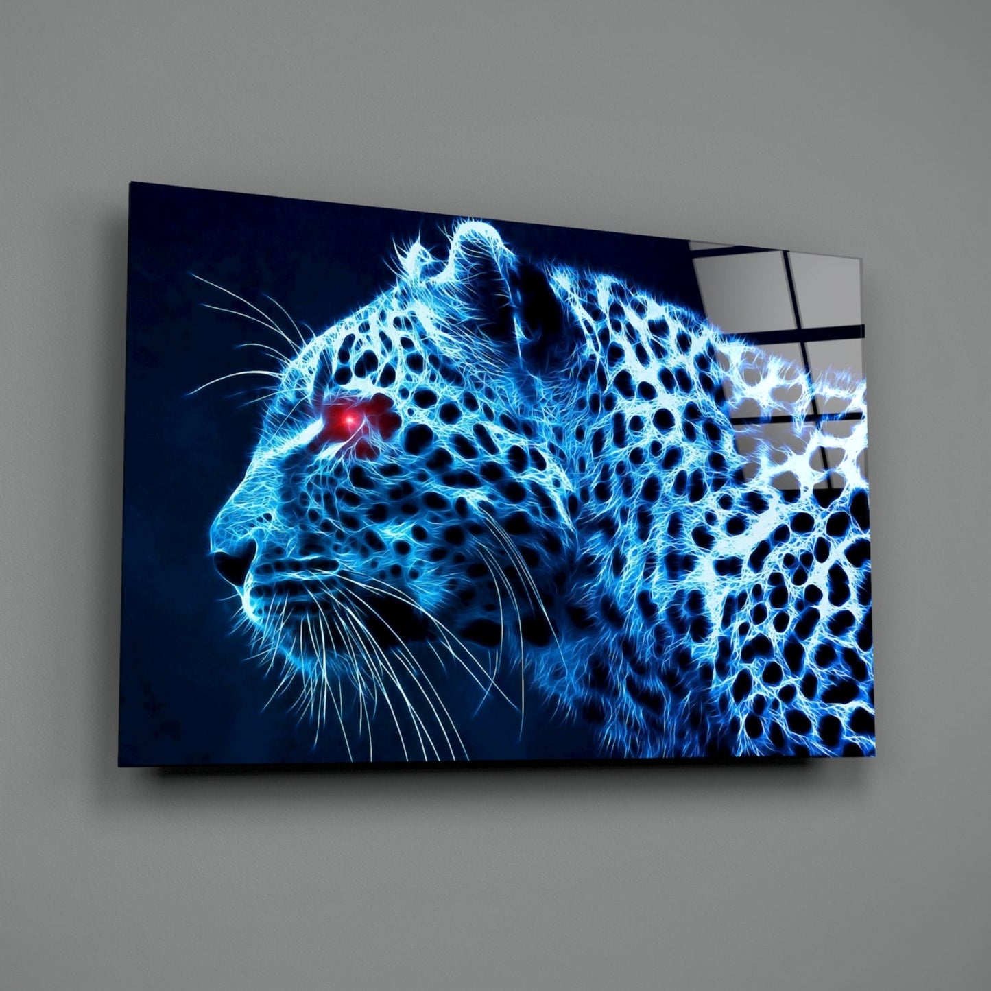 Glowing Blue Neon Leopard Glass Wall Art
