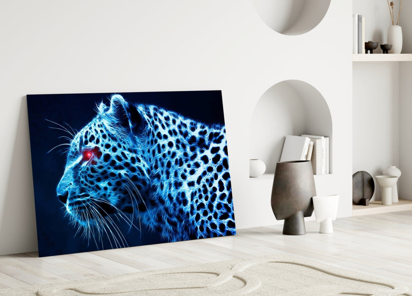Glowing Blue Neon Leopard Glass Wall Art