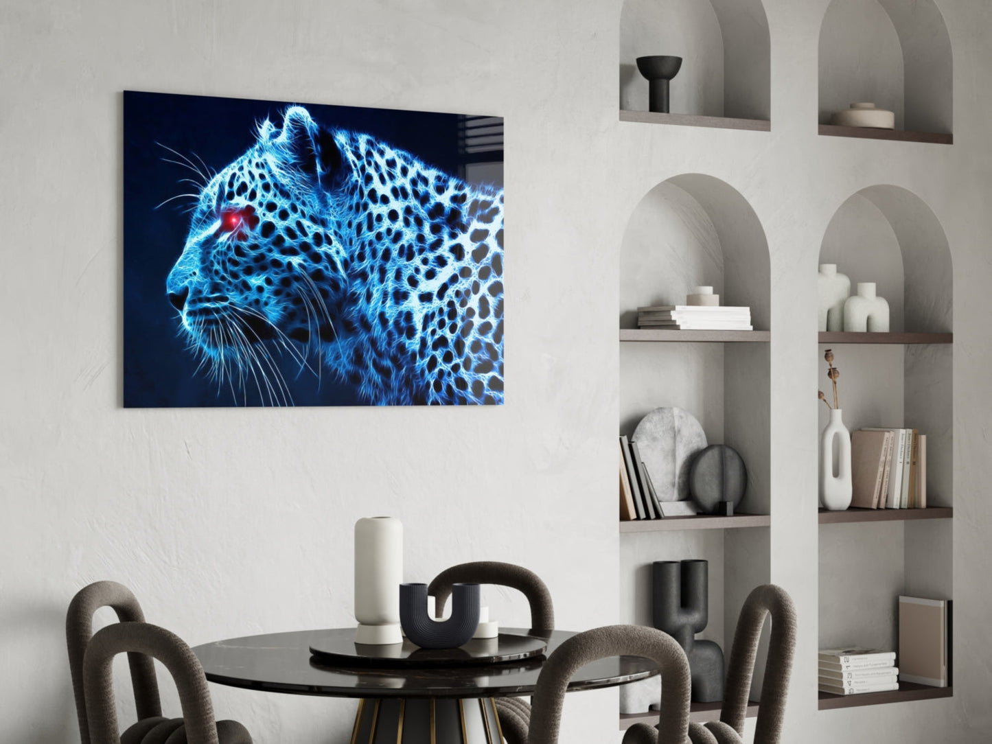Glowing Blue Neon Leopard Glass Wall Art