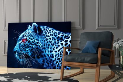 Glowing Blue Neon Leopard Glass Wall Art
