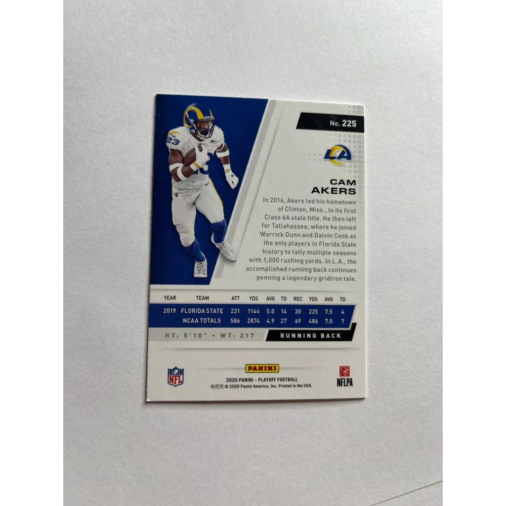 Cam Akers rookie card 2020 Playoff Kickoff Green Rams star in white and blue uniform