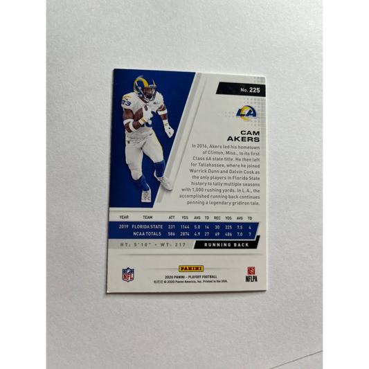 Cam Akers rookie card 2020 Playoff Kickoff Green Rams star in white and blue uniform