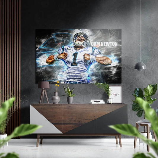 Cam Newton in Panthers uniform on brushed aluminium dibond art print