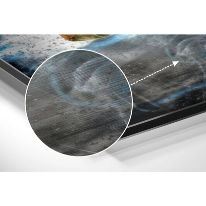 Close-up of brushed aluminium dibond frame around Cam Newton Panthers art print