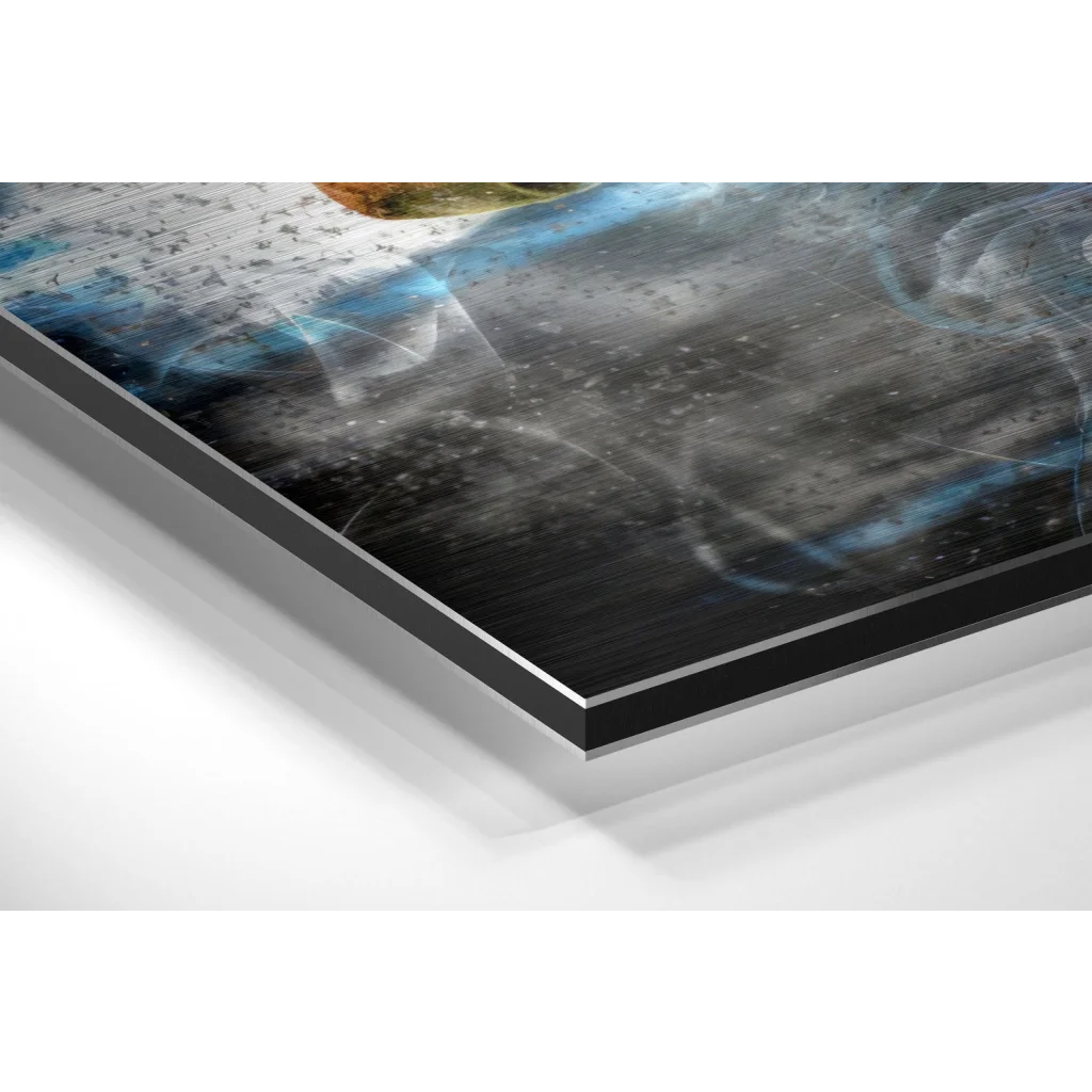 Black-framed cosmic art on brushed aluminium dibond Cam Newton print