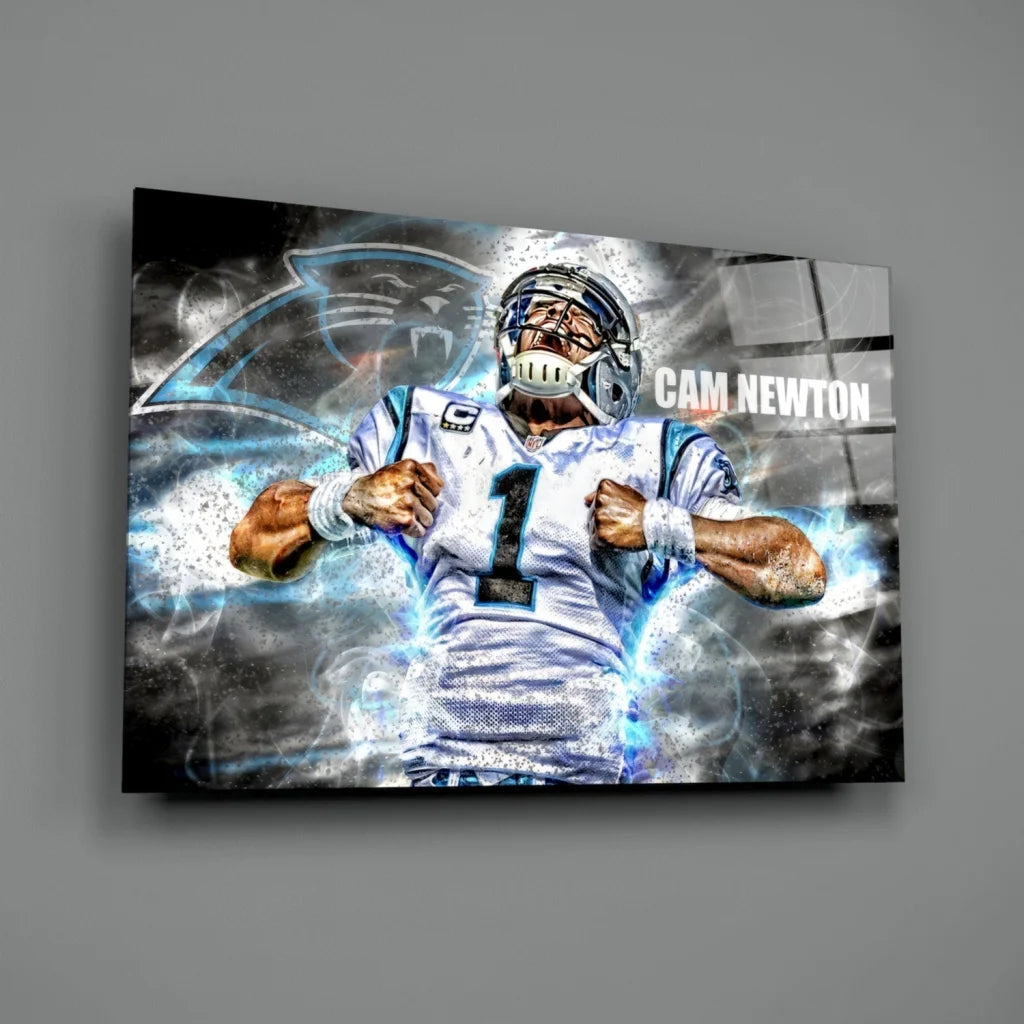 Cam Newton in Panthers uniform with electric blue energy wall art canvas print