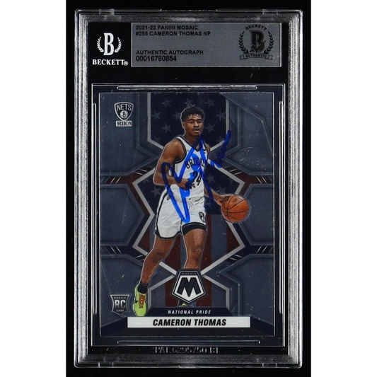 Beckett-encased autographed Cameron Thomas Brooklyn Nets basketball card for collectors