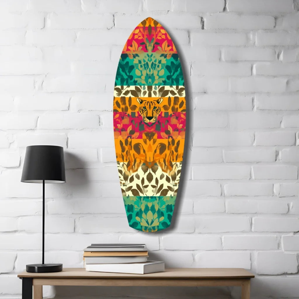 Leopard Surfboard Tempered Glass Art with Bold Tropical Patterns | Contemporary Home Wall Art | vintageantiquesgifts.com
