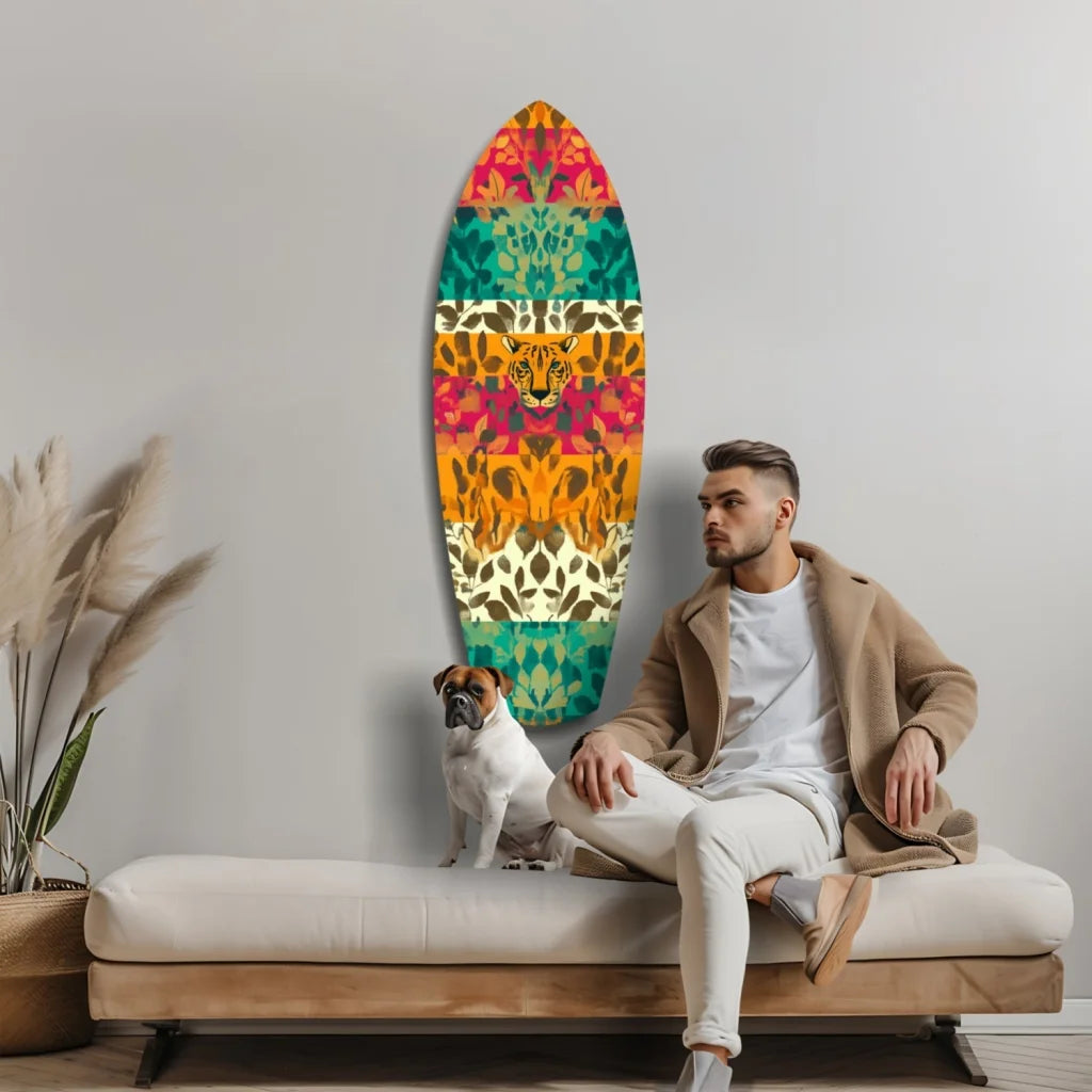 Vibrant Leopard Surfboard Tempered Glass Art with bold tropical patterns