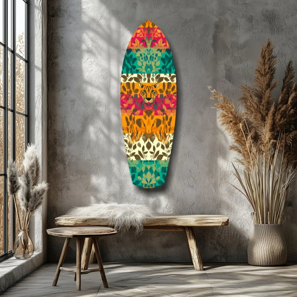 Vibrant Leopard Surfboard Tempered Glass Art with tiger motif