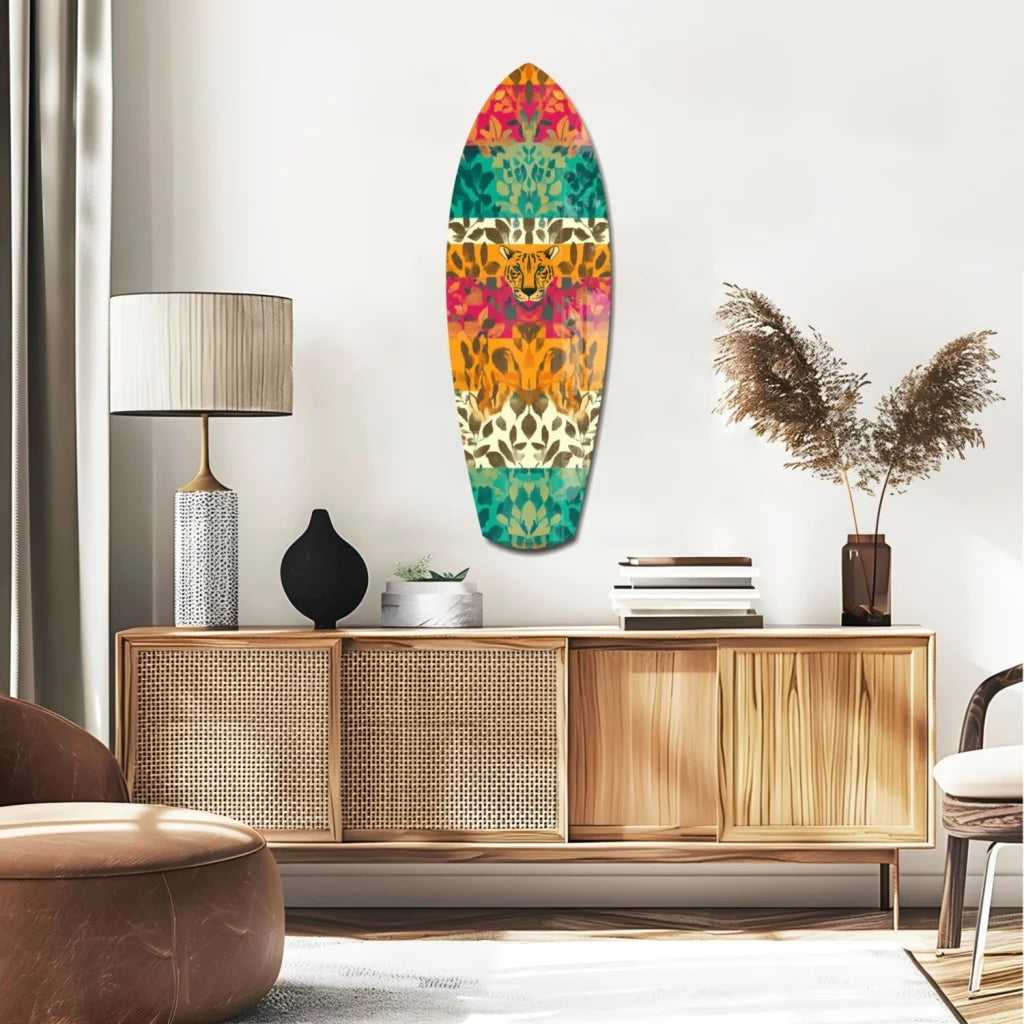 Leopard Surfboard Tempered Glass Art with Bold Tropical Patterns | Glass Wall Art Print | vintageantiquesgifts.com
