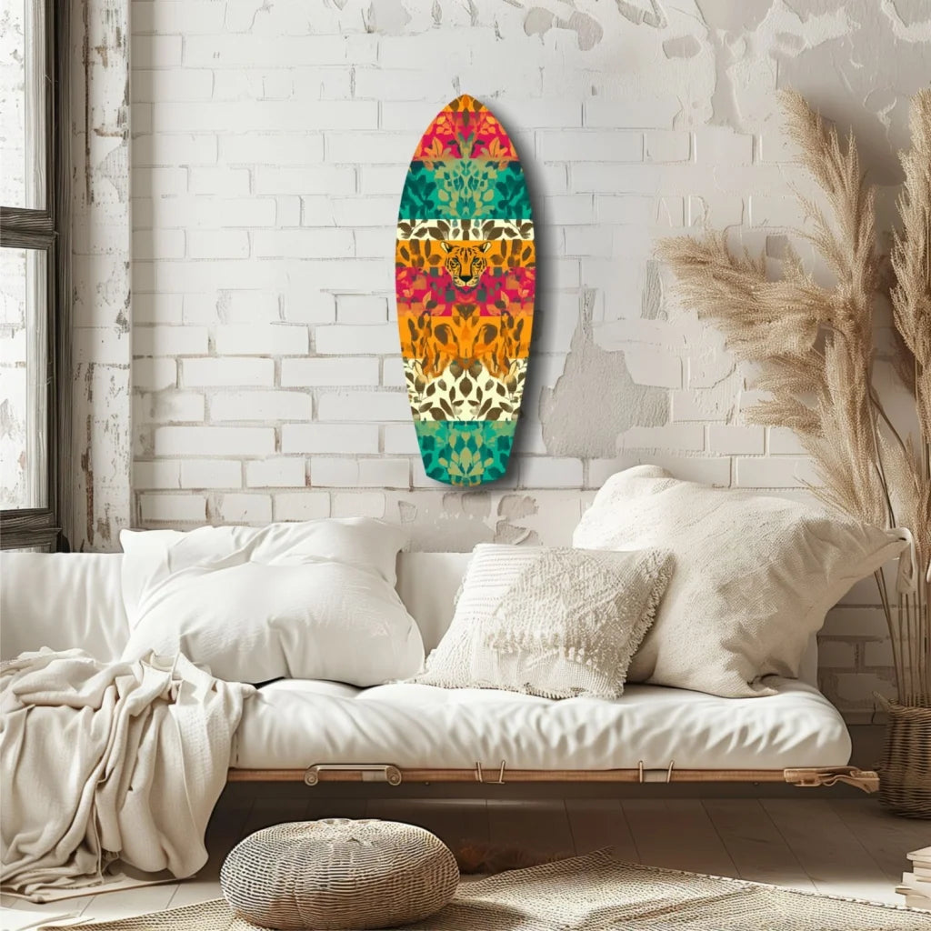 Vibrant Leopard Surfboard Tempered Glass Art with Tropical Patterns