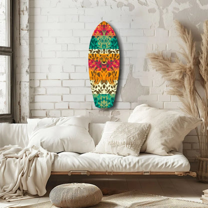 Vibrant Leopard Surfboard Tempered Glass Art with Tropical Patterns