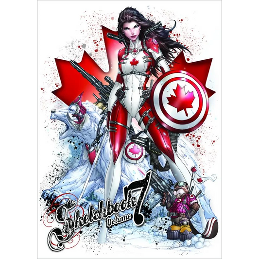 Red and white Canadian superheroine with maple leaf shield on comic art print
