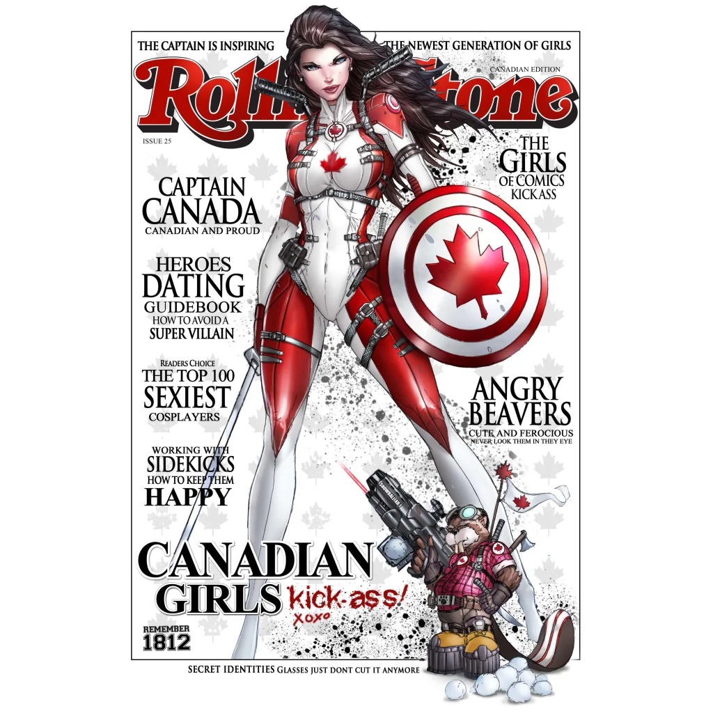 Canadian superhero with maple leaf shield on brushed aluminum print