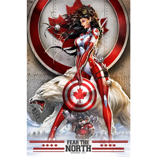 Canadian superhero with polar bear on brushed aluminum print