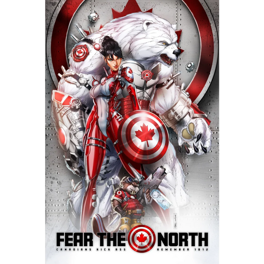 Canadian superhero with polar bear on brushed aluminum print