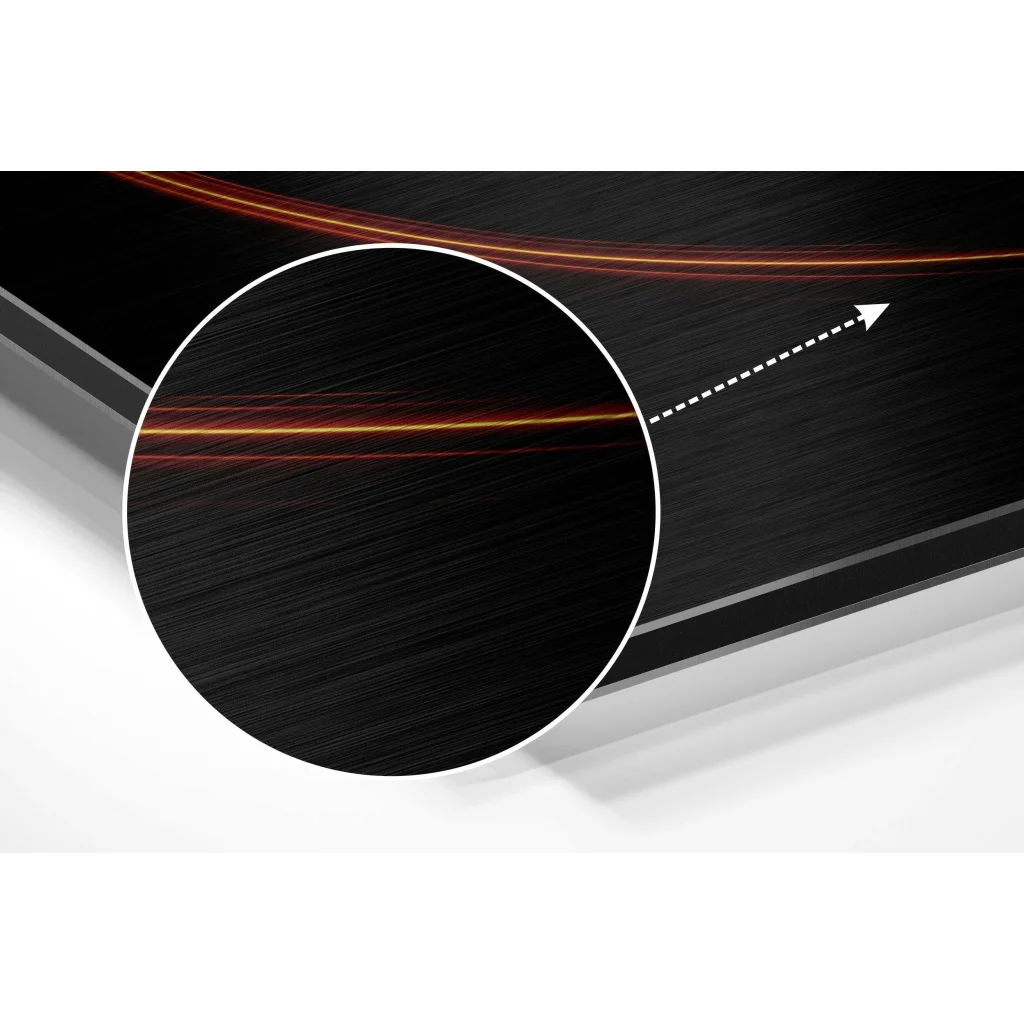 Premium brushed aluminium dibond wall art with black surface and orange edge glow