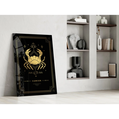 Gold Cancer zodiac glass wall art with black canvas and celestial motifs