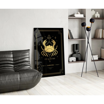 Gold embossed Cancer zodiac on black glass wall art with celestial design