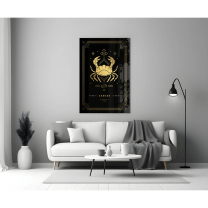 Black and gold Cancer zodiac glass wall art with ornate celestial border