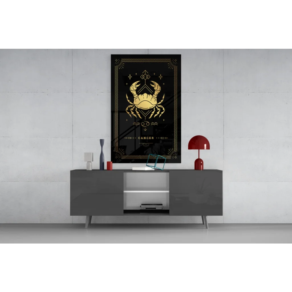 Black and gold Cancer zodiac glass wall art with geometric border