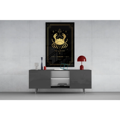 Black and gold Cancer zodiac glass wall art with geometric border