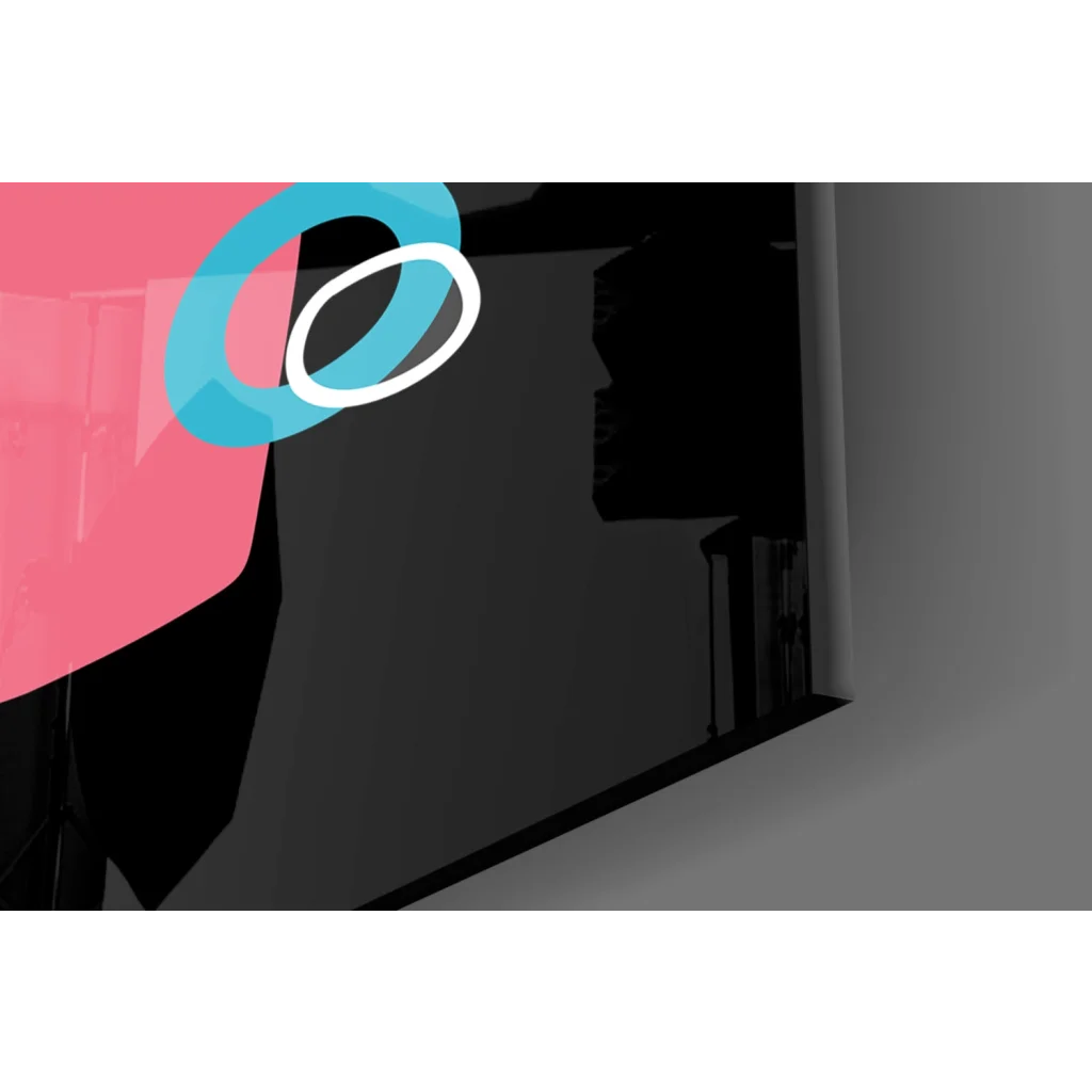 Sleek minimalist glass wall art with pink cyan circular overlay