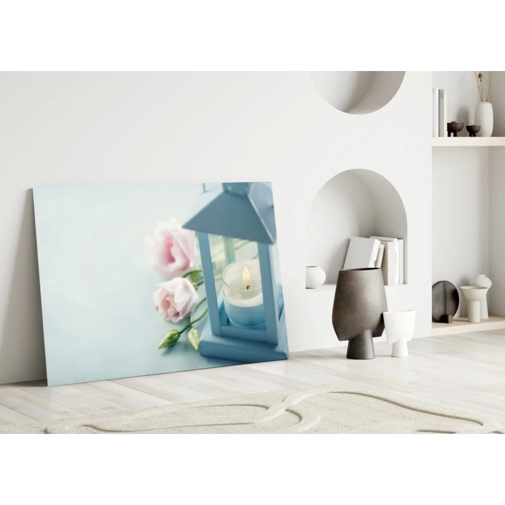 Enchanting blue lantern with lit candle and pink roses glass wall art
