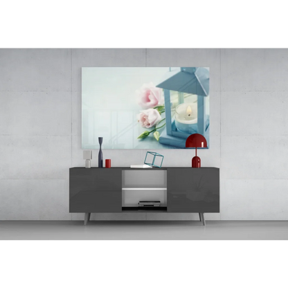 Enchanting blue lantern with pink roses glass wall art