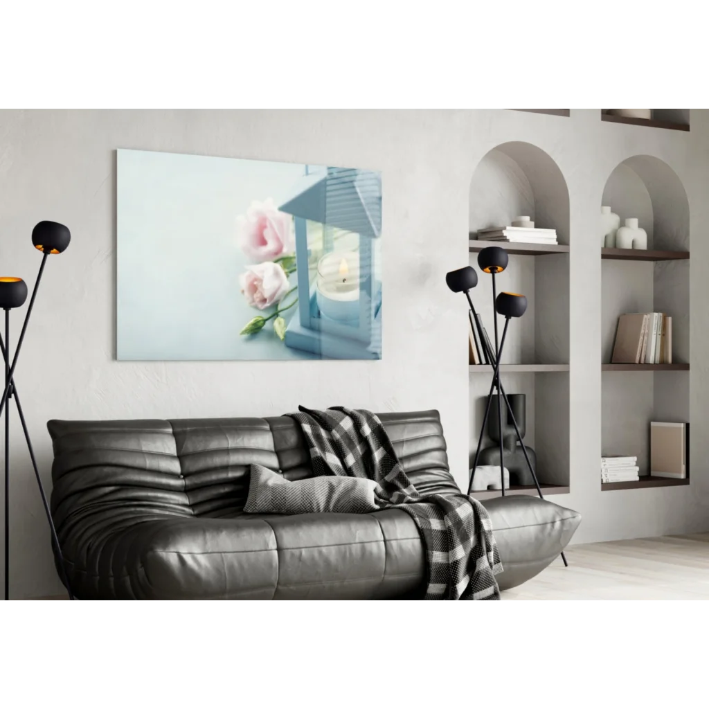 Enchanting blue lantern with pink roses glass wall art on canvas