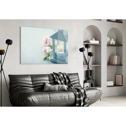 Enchanting blue lantern with pink roses glass wall art on canvas