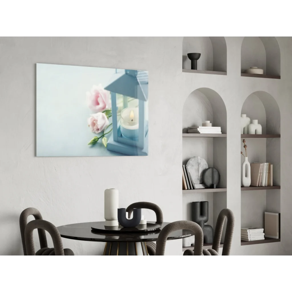 Enchanting blue lantern with lit candle and pink roses glass wall art
