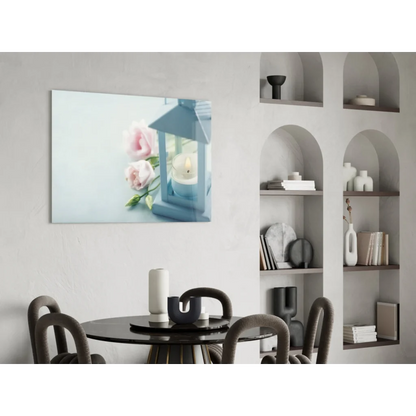 Enchanting blue lantern with lit candle and pink roses glass wall art