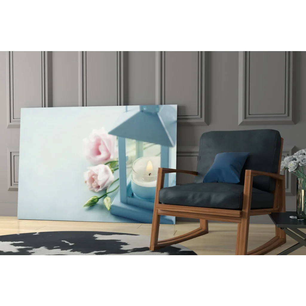 Enchanting blue lantern with pink roses glass wall art