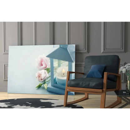 Enchanting blue lantern with pink roses glass wall art