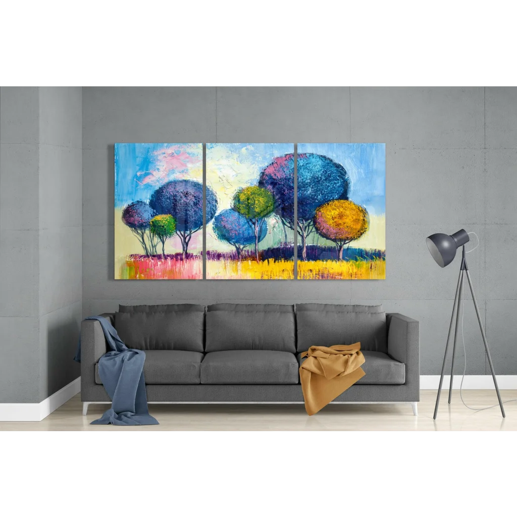Vibrant abstract tree triptych wall art in bold blues and purples