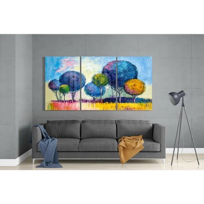 Vibrant abstract tree triptych wall art in bold blues and purples