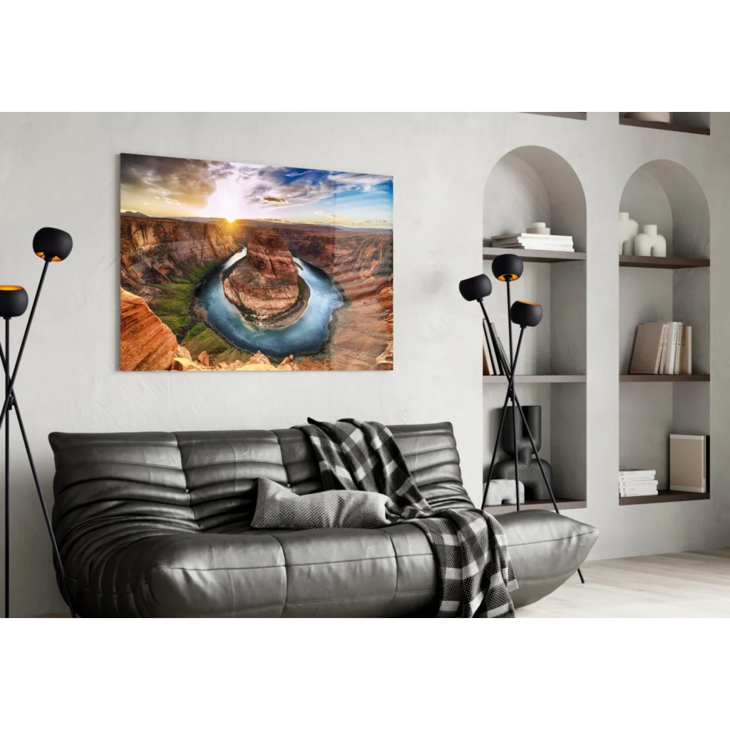 Stunning Horseshoe Bend glass wall art with canyon views