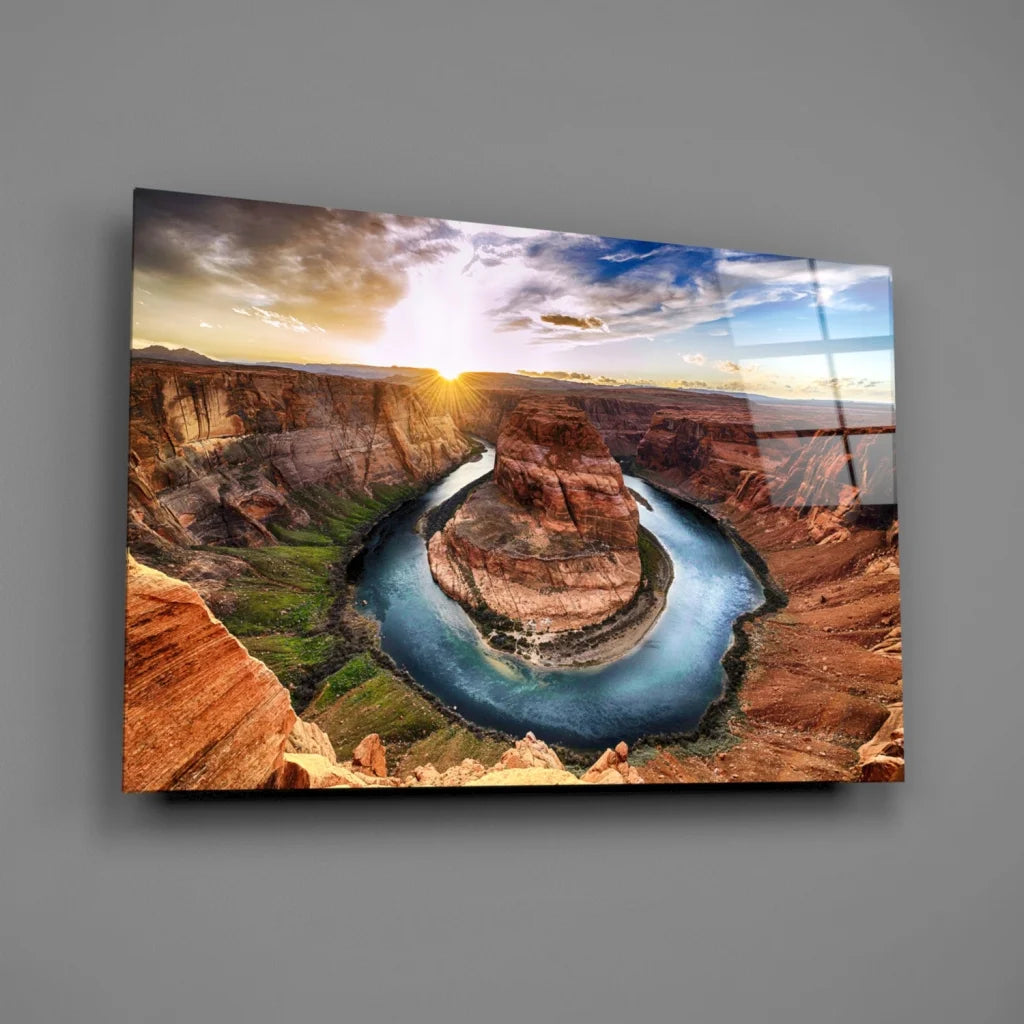 Vibrant Horseshoe Bend glass wall art with sunset canyon views